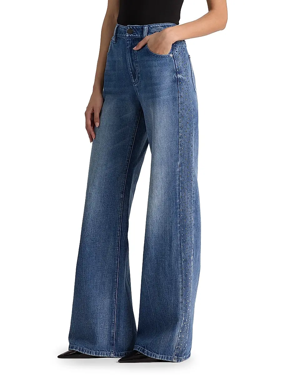 Alice + Olivia Women's Chic Crystal-Embellished High-Rise Wide-Leg Jeans | Thumbnail 4 Alice + Olivia Women's Chic Crystal-Embellished High-Rise Wide-Leg Jeans | Thumbnail 4