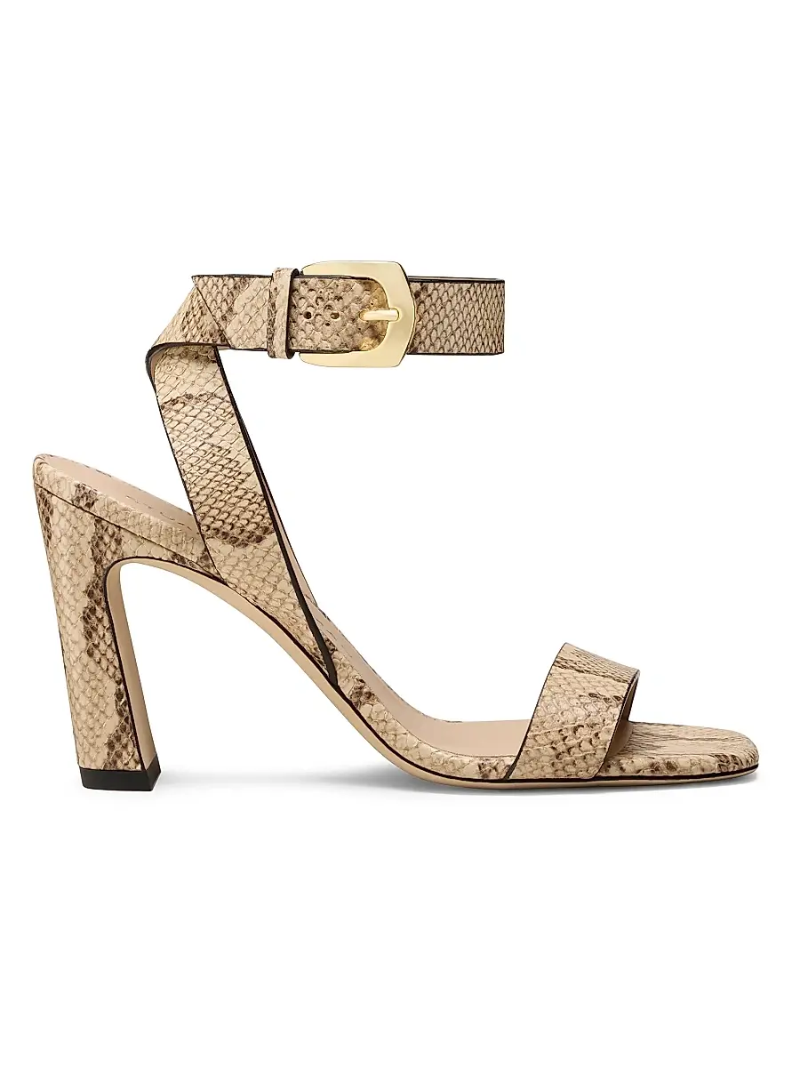 Stuart Weitzman Women's Sai 85MM Snakeskin-Embossed Leather Sandals - Adobe | Image 1 Stuart Weitzman Women's Sai 85MM Snakeskin-Embossed Leather Sandals - Adobe | Image 1
