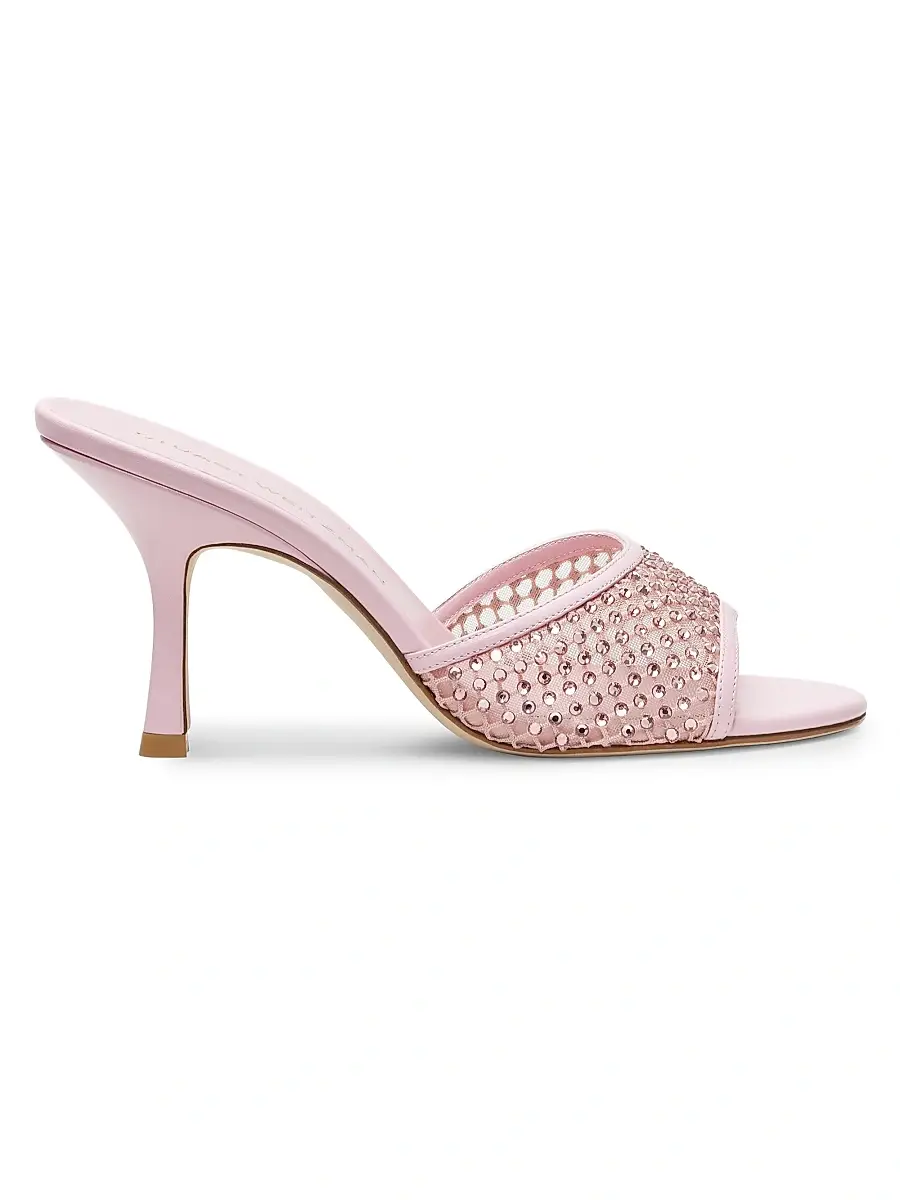 Stuart Weitzman Women's Bareitall Shine 85MM Crystal-Embellished Leather Stiletto-Heel Sandals - Pink Marshmallow | Image 1 Stuart Weitzman Women's Bareitall Shine 85MM Crystal-Embellished Leather Stiletto-Heel Sandals - Pink Marshmallow | Image 1