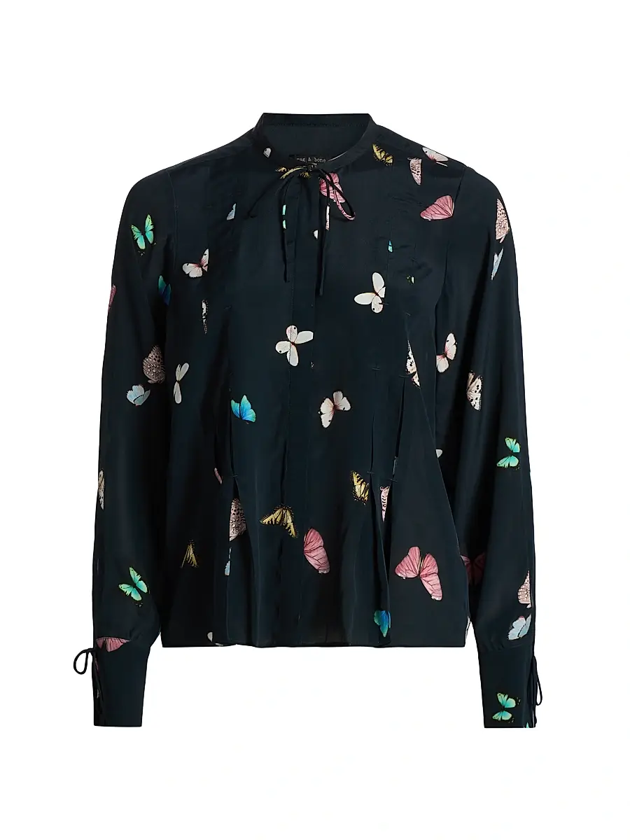 rag & bone Women's Arden Butterfly-Printed Pleated Blouse - Black Butterfly Multi - Size Large | Image 1 rag & bone Women's Arden Butterfly-Printed Pleated Blouse - Black Butterfly Multi - Size Large | Image 1