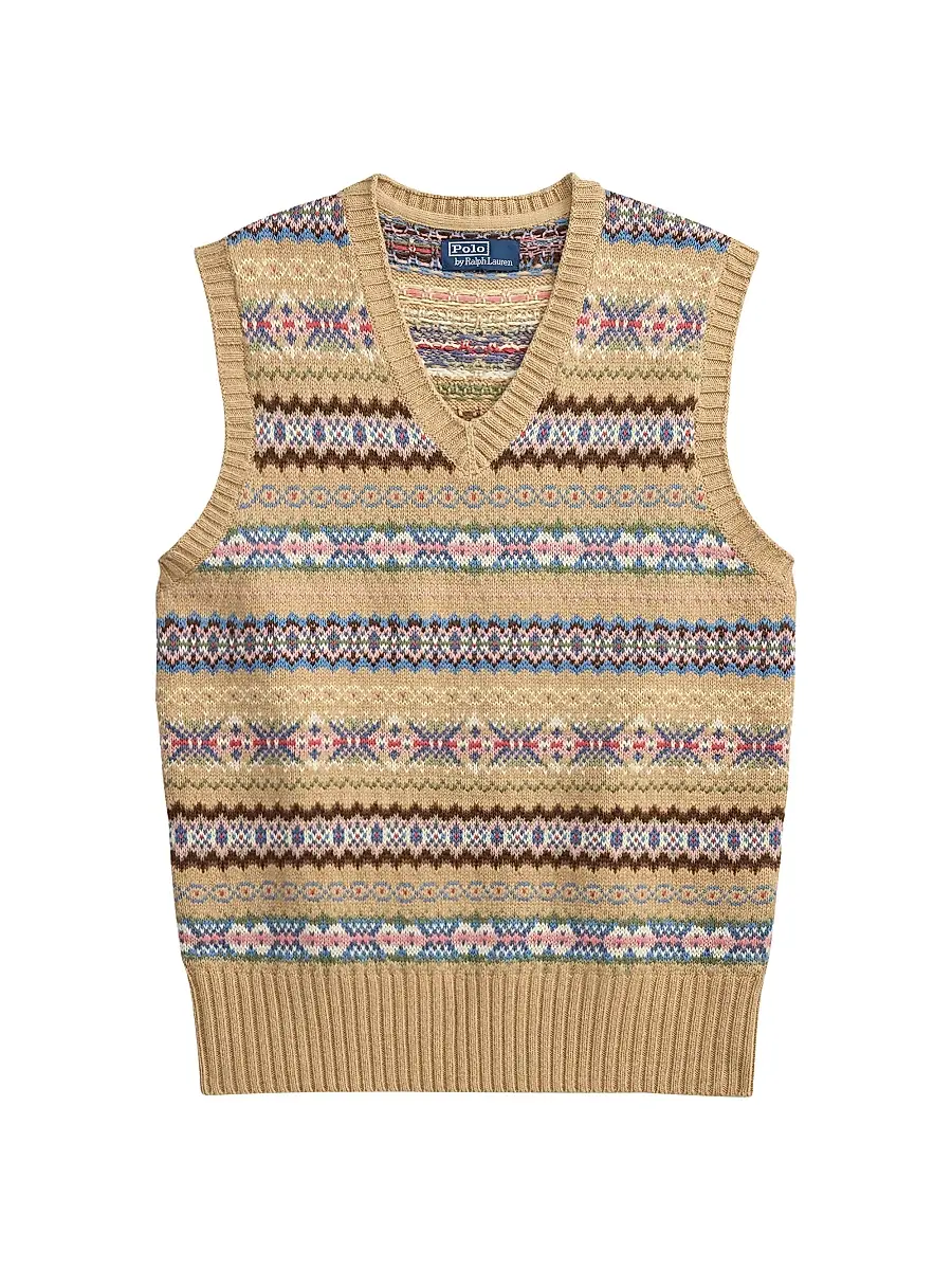 Polo Ralph Lauren Men's Patterned Cotton-Wool Sleeveless Sweater - Tan Multi - Size XXL | Image 1 Polo Ralph Lauren Men's Patterned Cotton-Wool Sleeveless Sweater - Tan Multi - Size XXL | Image 1