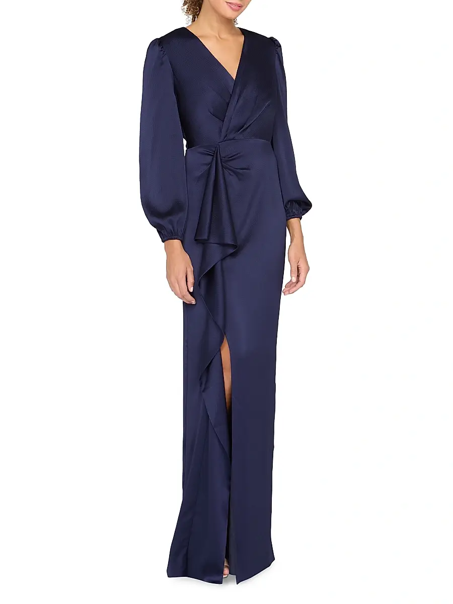 Kay Unger Women's Nia Draped Hammered-Charmeuse Surplice Gown | Thumbnail 3 Kay Unger Women's Nia Draped Hammered-Charmeuse Surplice Gown | Thumbnail 3