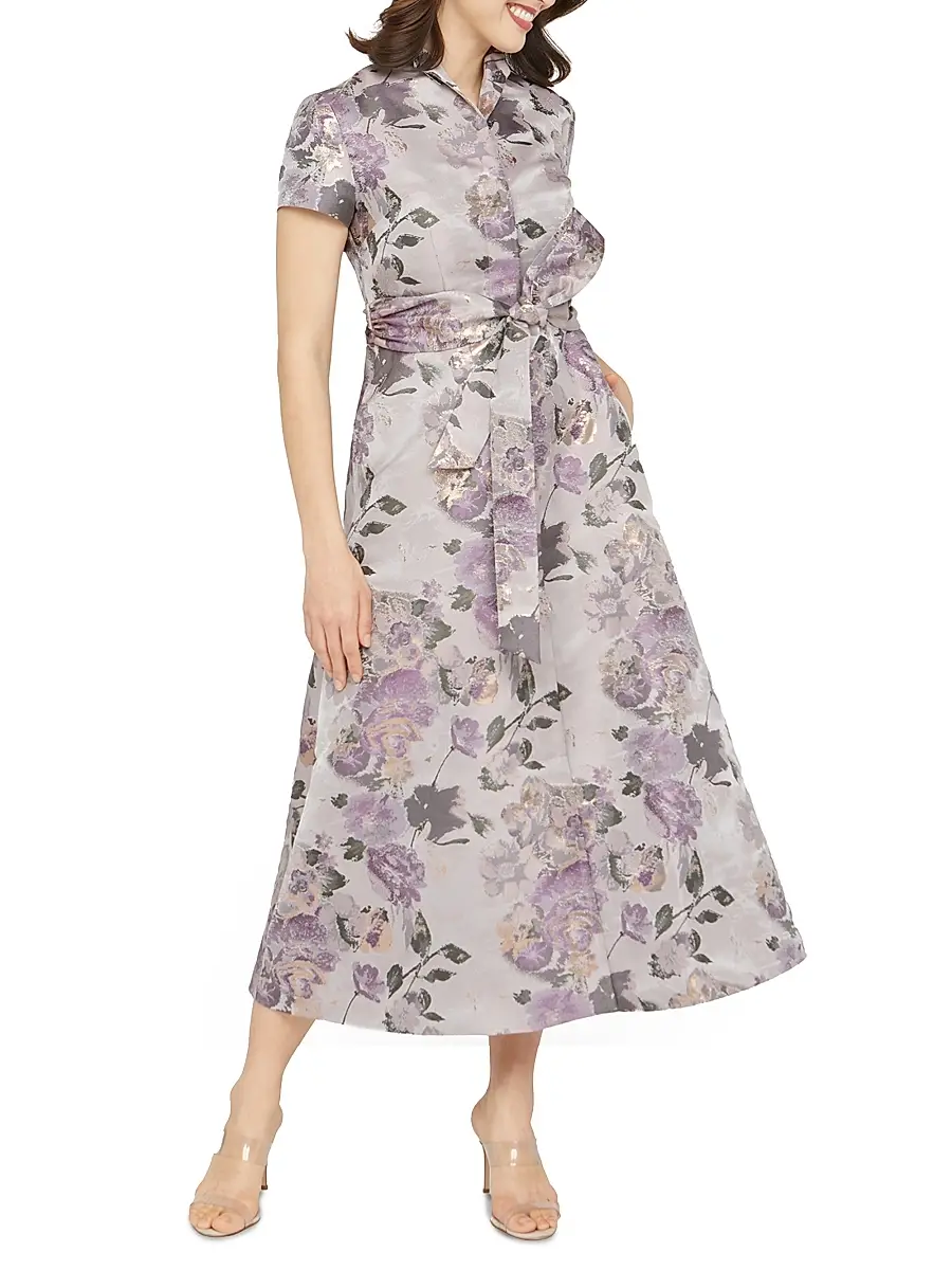 Kay Unger Women's Robin Floral Jacquard Tea-Length Shirtdress | Thumbnail 3 Kay Unger Women's Robin Floral Jacquard Tea-Length Shirtdress | Thumbnail 3