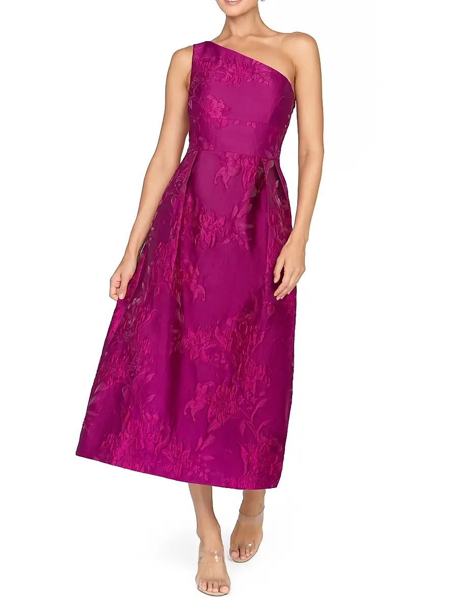 Kay Unger Women's Dorrit Floral Jacquard One-Shoulder Tea-Length Dress | Thumbnail 2 Kay Unger Women's Dorrit Floral Jacquard One-Shoulder Tea-Length Dress | Thumbnail 2