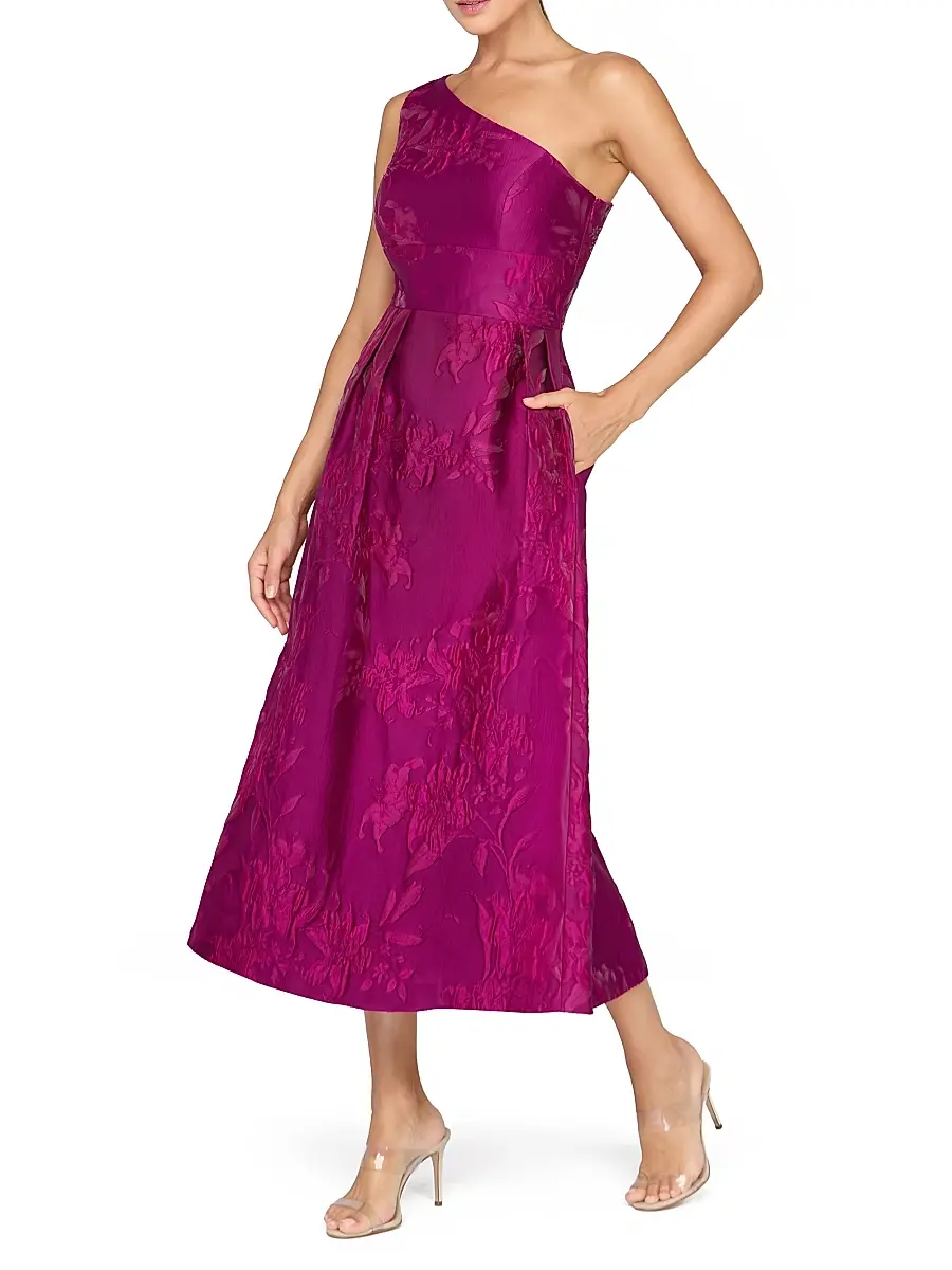 Kay Unger Women's Dorrit Floral Jacquard One-Shoulder Tea-Length Dress | Thumbnail 3 Kay Unger Women's Dorrit Floral Jacquard One-Shoulder Tea-Length Dress | Thumbnail 3