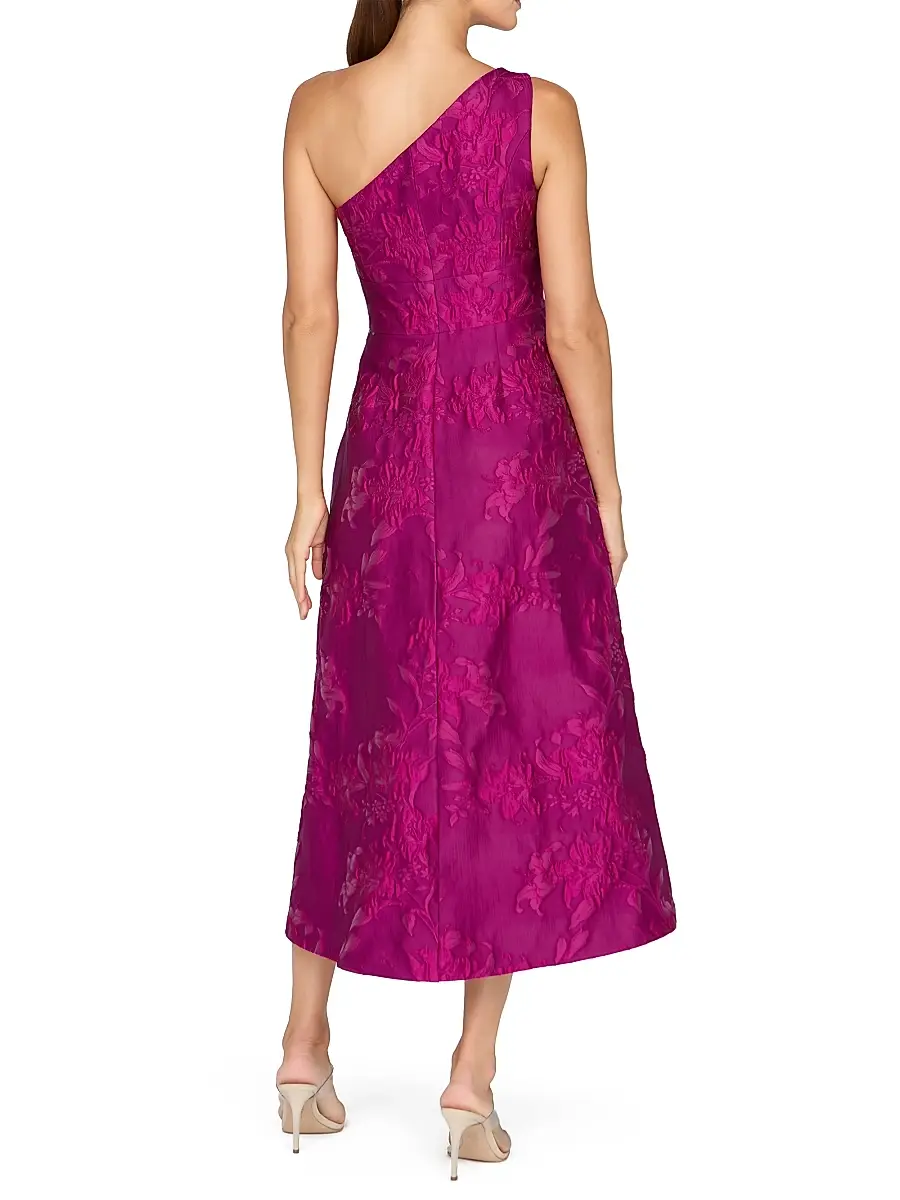 Kay Unger Women's Dorrit Floral Jacquard One-Shoulder Tea-Length Dress | Thumbnail 4 Kay Unger Women's Dorrit Floral Jacquard One-Shoulder Tea-Length Dress | Thumbnail 4