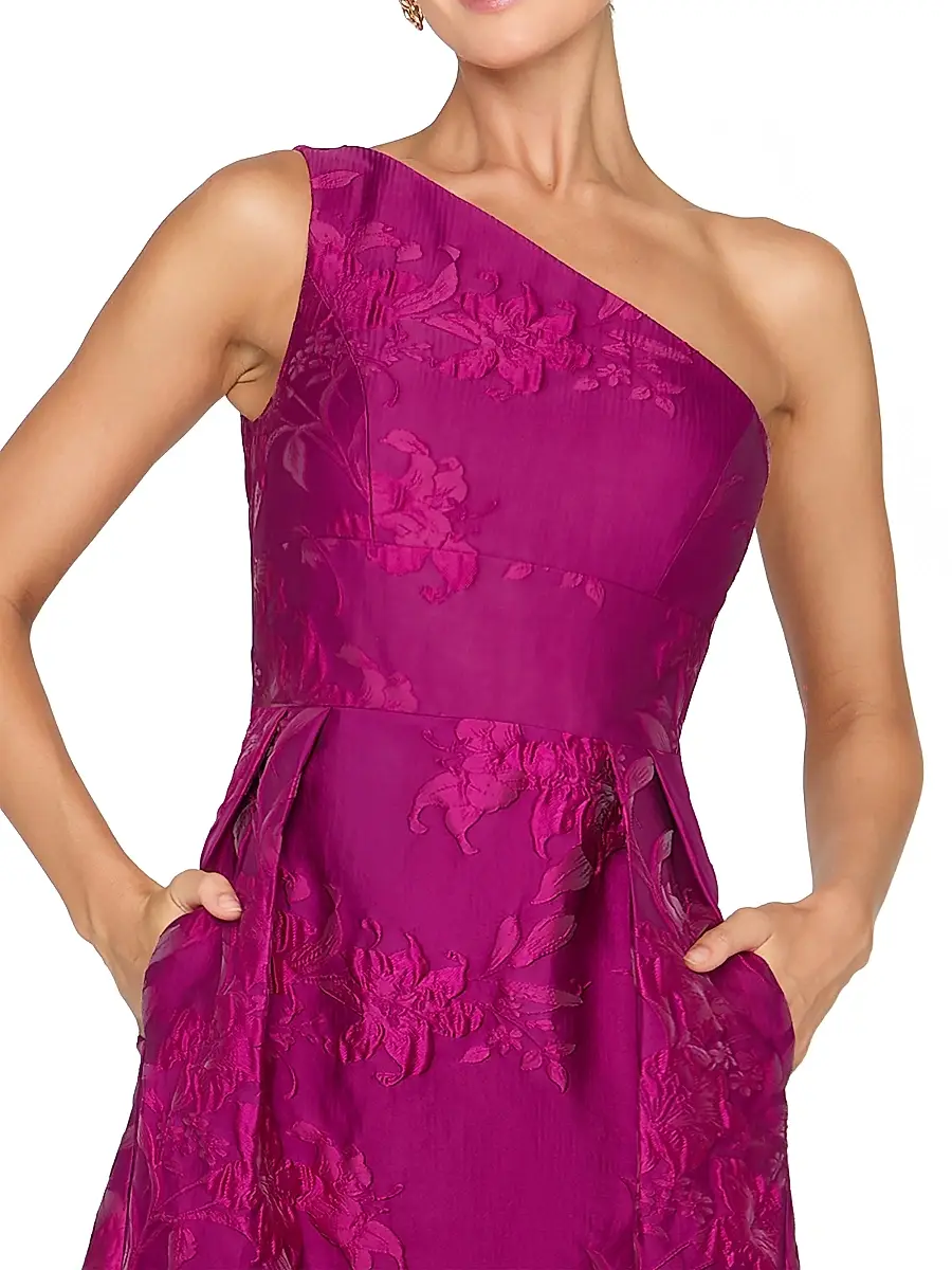 Kay Unger Women's Dorrit Floral Jacquard One-Shoulder Tea-Length Dress | Thumbnail 5 Kay Unger Women's Dorrit Floral Jacquard One-Shoulder Tea-Length Dress | Thumbnail 5