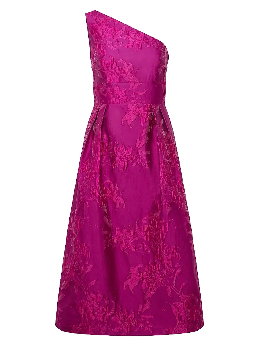 Kay Unger Women's Dorrit Floral Jacquard One-Shoulder Tea-Length Dress - Vivid Berry | Image 1 Kay Unger Women's Dorrit Floral Jacquard One-Shoulder Tea-Length Dress - Vivid Berry | Image 1