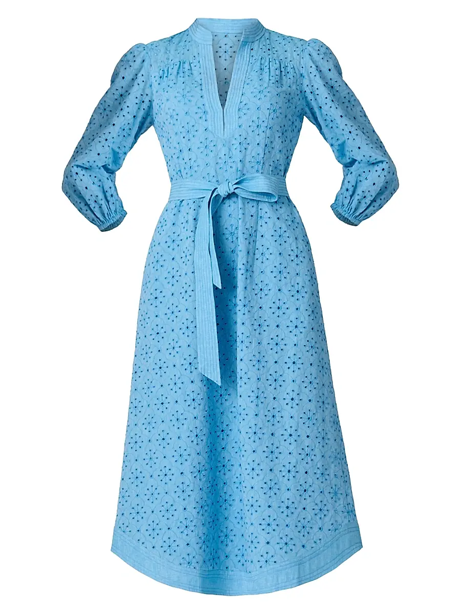 Shoshanna Women's Adele Embroidered Cotton-Linen Midi-Dress - Cyan | Image 1 Shoshanna Women's Adele Embroidered Cotton-Linen Midi-Dress - Cyan | Image 1