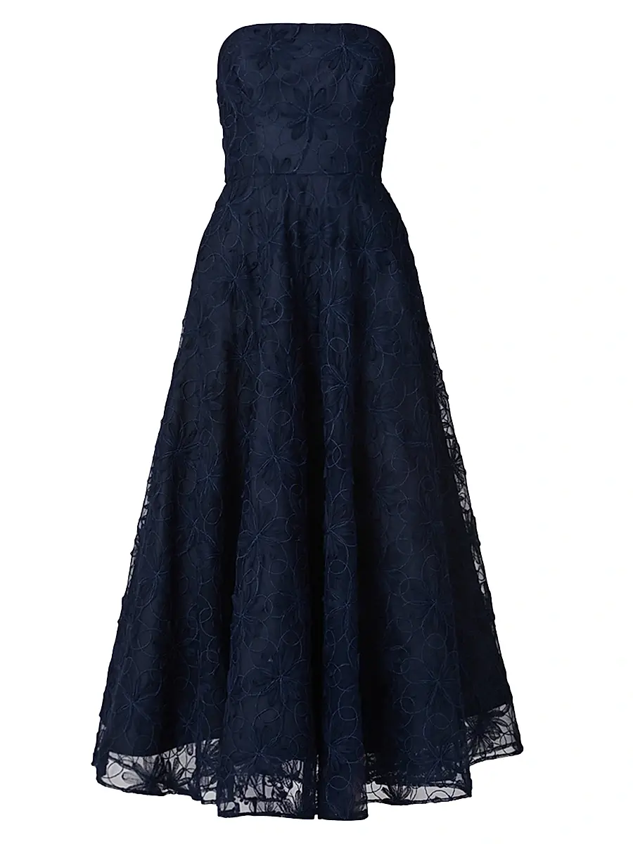Shoshanna Women's McCall Floral Embroidered Strapless Tea-Length Dress - Navy | Image 1 Shoshanna Women's McCall Floral Embroidered Strapless Tea-Length Dress - Navy | Image 1