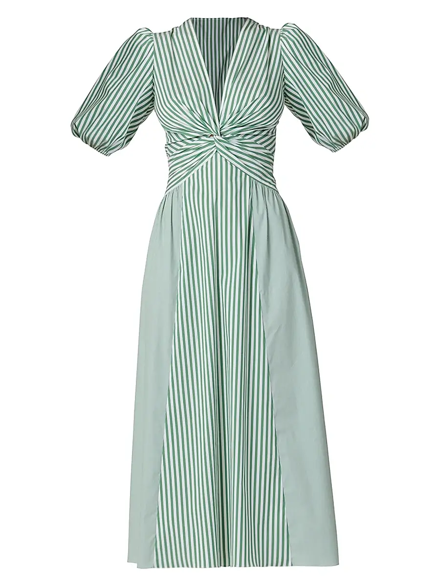 Shoshanna Women's Margaret Striped Cotton A-Line Midi-Dress - Pistachio | Image 1 Shoshanna Women's Margaret Striped Cotton A-Line Midi-Dress - Pistachio | Image 1