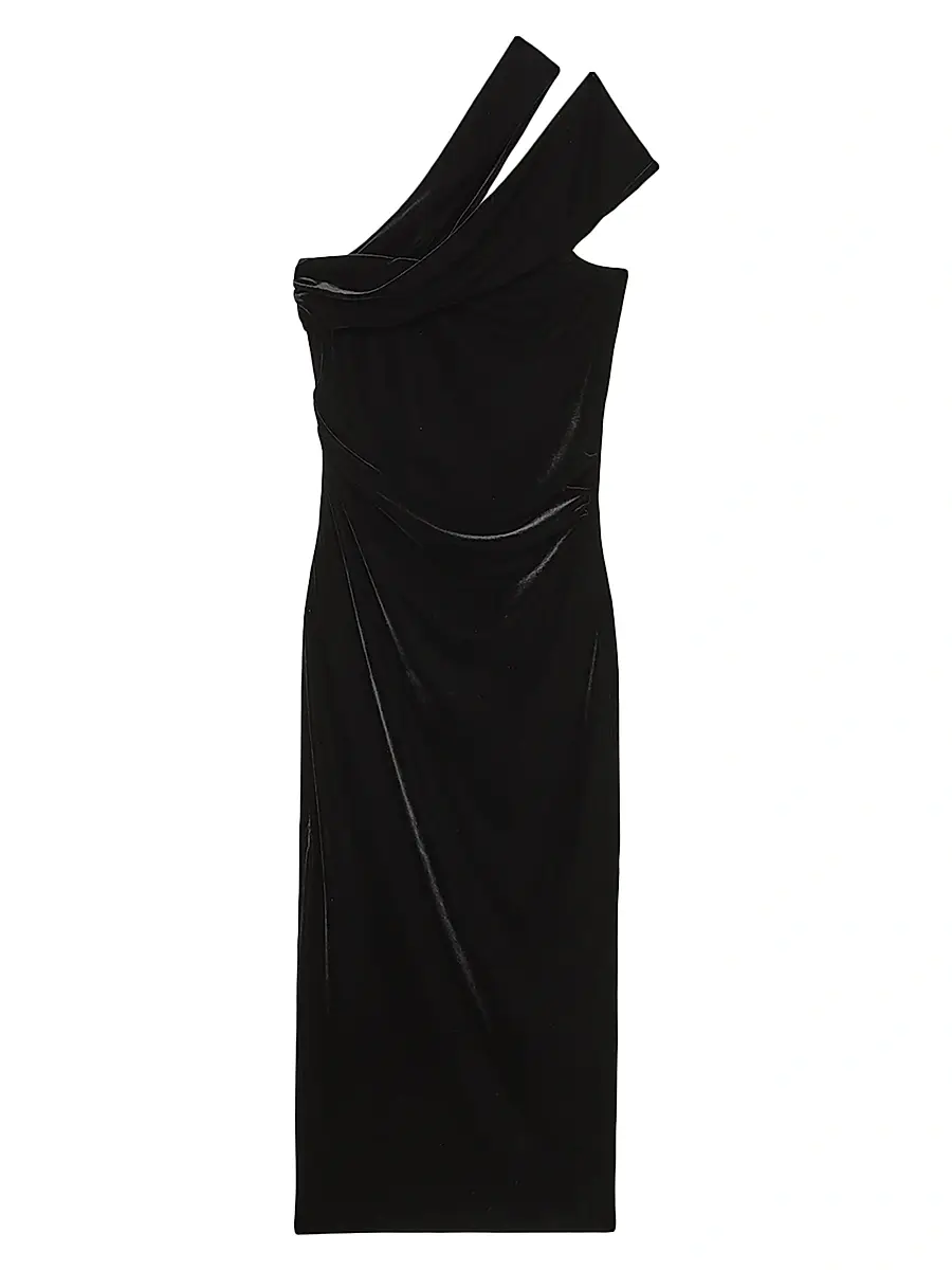 Reiss Women's Dalia Velvet Asymmetric Midi-Dress - Black | Image 1 Reiss Women's Dalia Velvet Asymmetric Midi-Dress - Black | Image 1
