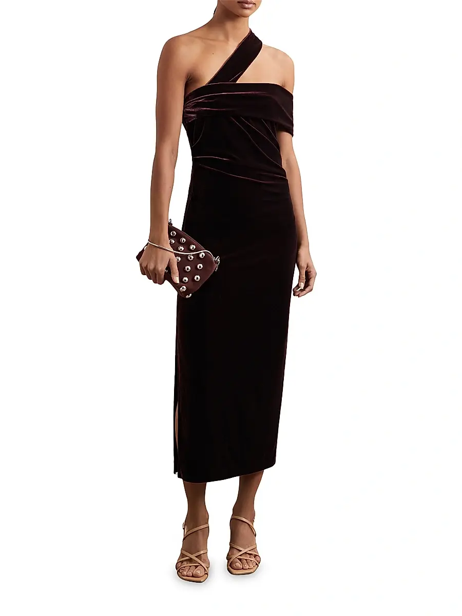 Reiss Women's Dalia Asymmetric-Neck Velvet Midi-Dress | Thumbnail 3 Reiss Women's Dalia Asymmetric-Neck Velvet Midi-Dress | Thumbnail 3