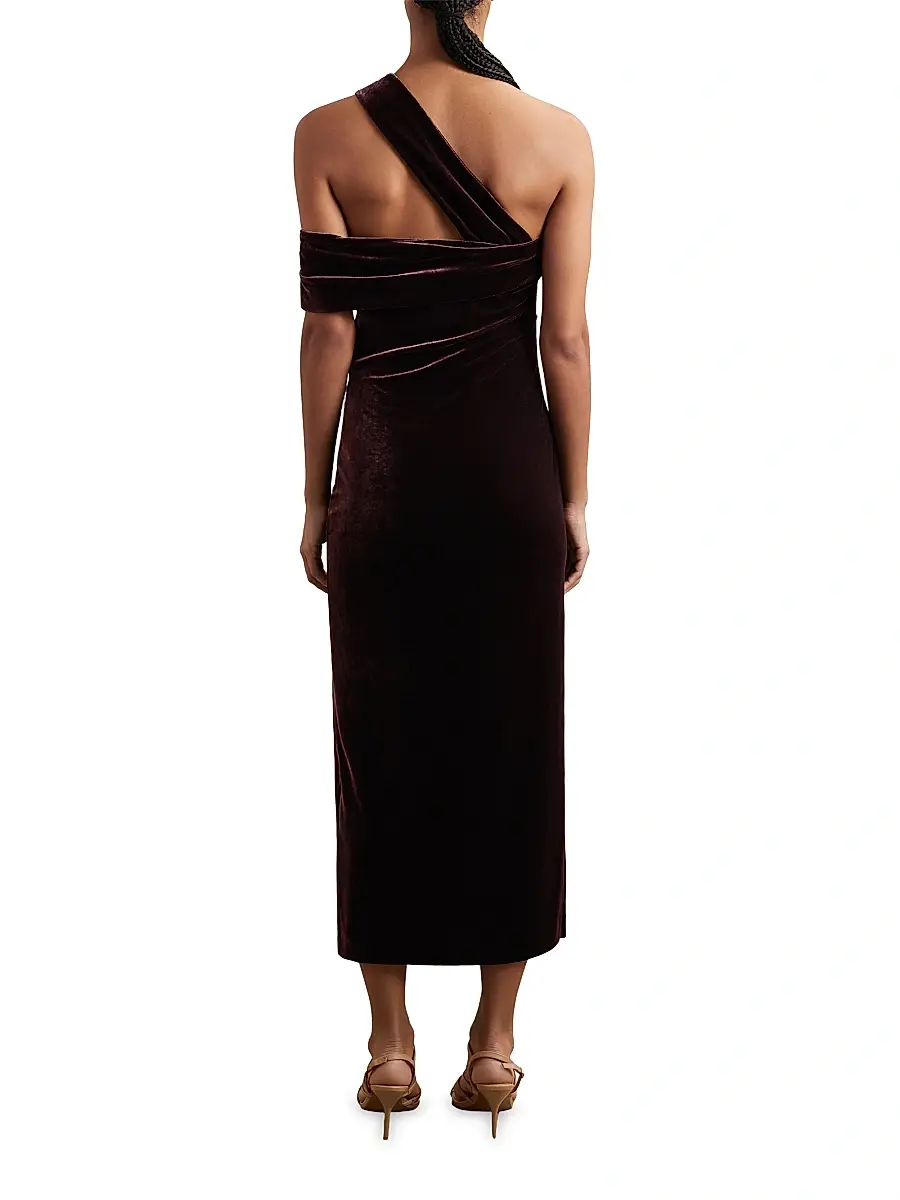 Reiss Women's Dalia Asymmetric-Neck Velvet Midi-Dress | Thumbnail 4 Reiss Women's Dalia Asymmetric-Neck Velvet Midi-Dress | Thumbnail 4
