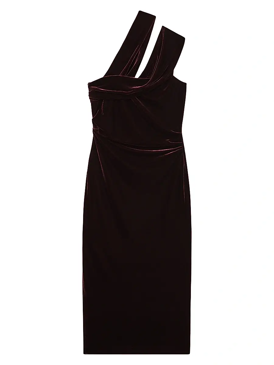 Reiss Women's Dalia Asymmetric-Neck Velvet Midi-Dress - Burgundy | Image 1 Reiss Women's Dalia Asymmetric-Neck Velvet Midi-Dress - Burgundy | Image 1