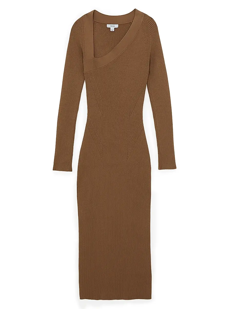 Reiss Women's Zeta Asymmetric Rib-Knit Midi-Dress - Camel | Image 1 Reiss Women's Zeta Asymmetric Rib-Knit Midi-Dress - Camel | Image 1