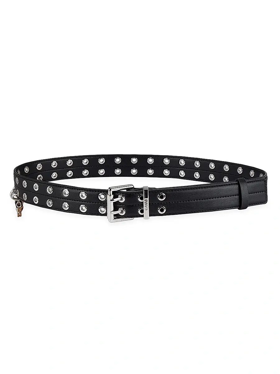 Ganni Women's Double Eyelet Leather Belt - Black | Image 1 Ganni Women's Double Eyelet Leather Belt - Black | Image 1
