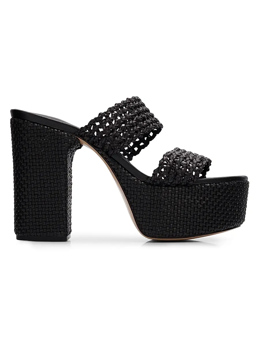 Schutz Women's Aberdeen 100MM Leather & Raffia Platform Sandals - Black | Image 1 Schutz Women's Aberdeen 100MM Leather & Raffia Platform Sandals - Black | Image 1