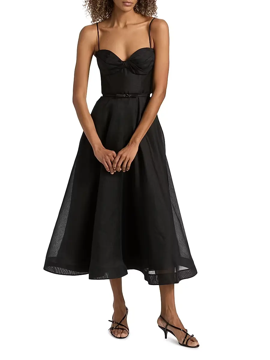 Zimmermann Women's Luna Tie-Waist Linen-Silk A-Line Midi-Dress | Thumbnail 3