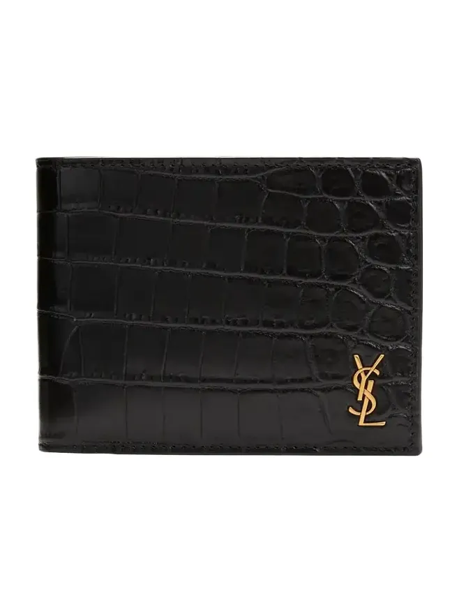 Saint Laurent Men's YSL Croc-Embossed Bi-Fold Wallet