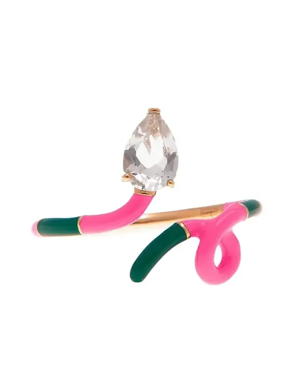 Drop-Cut Rock Crystal Duo Colored Ring in Evergreen and Bubble Gum Pink Enamel Drop-Cut Rock Crystal Duo Colored Ring in Evergreen and Bubble Gum Pink Enamel