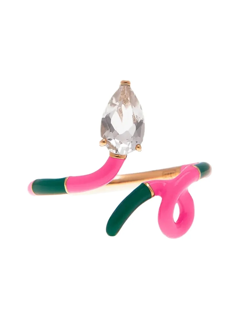 Drop-Cut Rock Crystal Duo Colored Ring in Evergreen and Bubble Gum Pink Enamel Drop-Cut Rock Crystal Duo Colored Ring in Evergreen and Bubble Gum Pink Enamel
