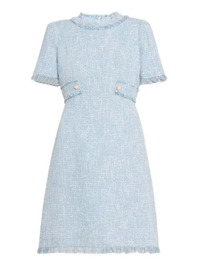 Rickie Freeman for Teri Jon Fringe-Trim Boucle Tweed Dress