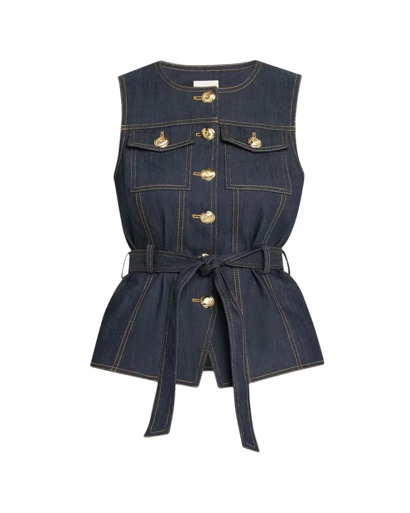 Cinq à Sept Reenee Belted Denim Vest | Image 1 Cinq à Sept Reenee Belted Denim Vest | Image 1