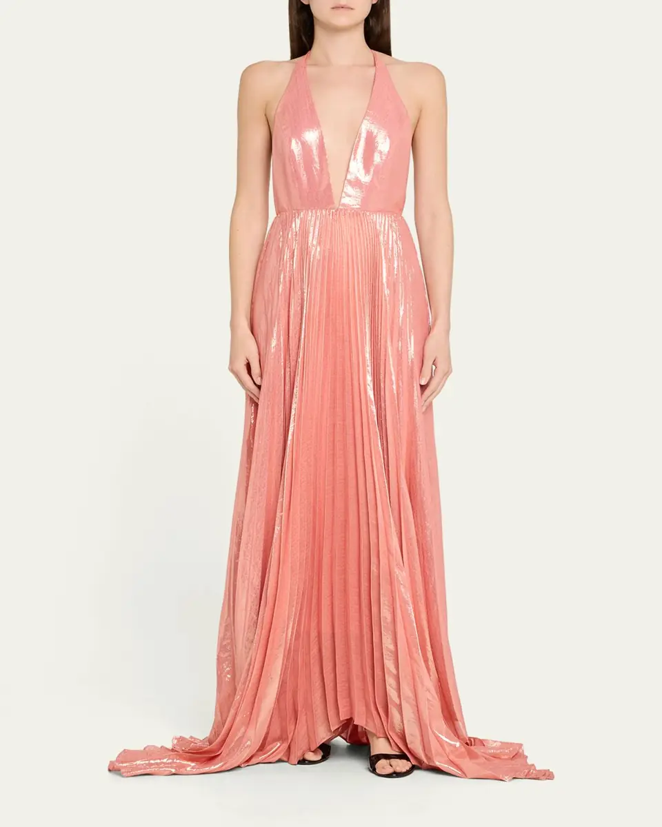 Alice + Olivia Adalyn Pleated Metallic Halter Maxi Dress | Thumbnail 2
