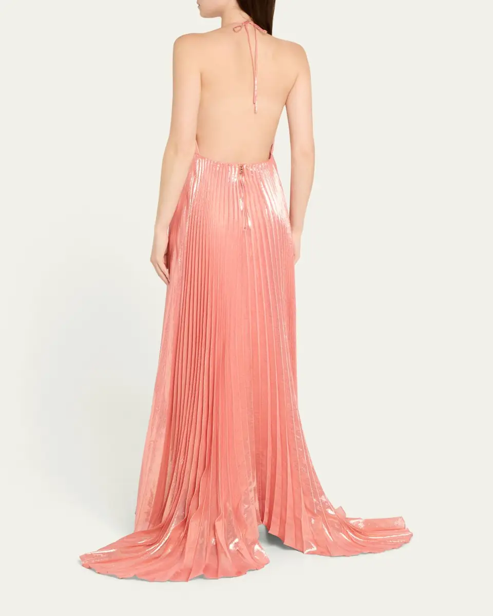 Alice + Olivia Adalyn Pleated Metallic Halter Maxi Dress | Thumbnail 3