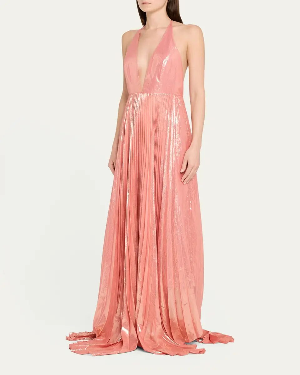 Alice + Olivia Adalyn Pleated Metallic Halter Maxi Dress | Thumbnail 4