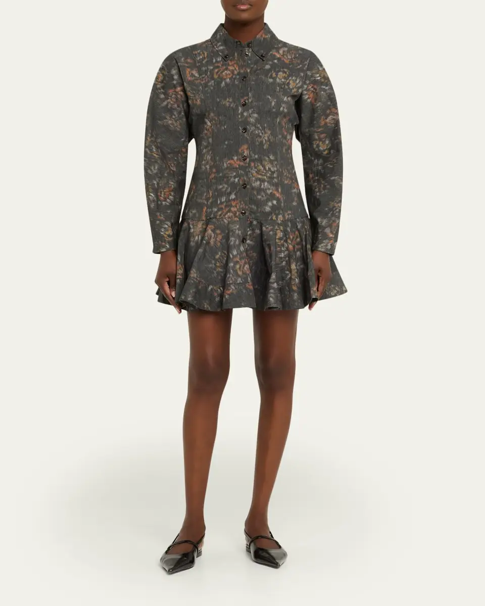 Ganni Printed Long-Sleeve Drop-Waist Shirtdress | Thumbnail 2 Ganni Printed Long-Sleeve Drop-Waist Shirtdress | Thumbnail 2