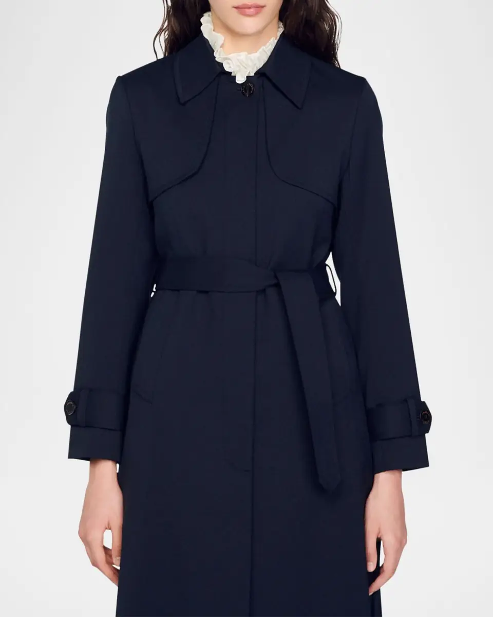 Sandro Navy Pleated-Back Belted Trench Coat | Thumbnail 2 Sandro Navy Pleated-Back Belted Trench Coat | Thumbnail 2