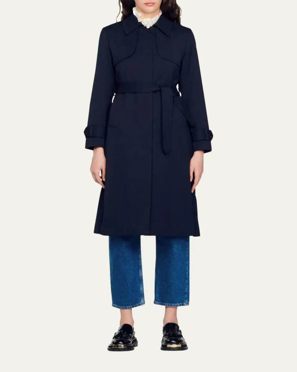 Sandro Navy Pleated-Back Belted Trench Coat | Thumbnail 7 Sandro Navy Pleated-Back Belted Trench Coat | Thumbnail 7