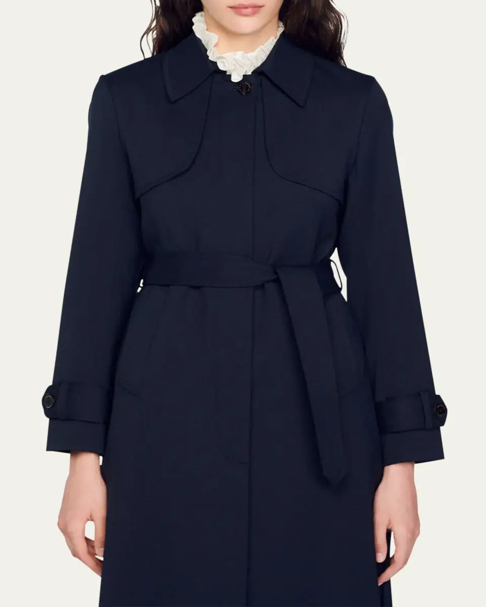 Sandro Navy Pleated-Back Belted Trench Coat | Thumbnail 9 Sandro Navy Pleated-Back Belted Trench Coat | Thumbnail 9
