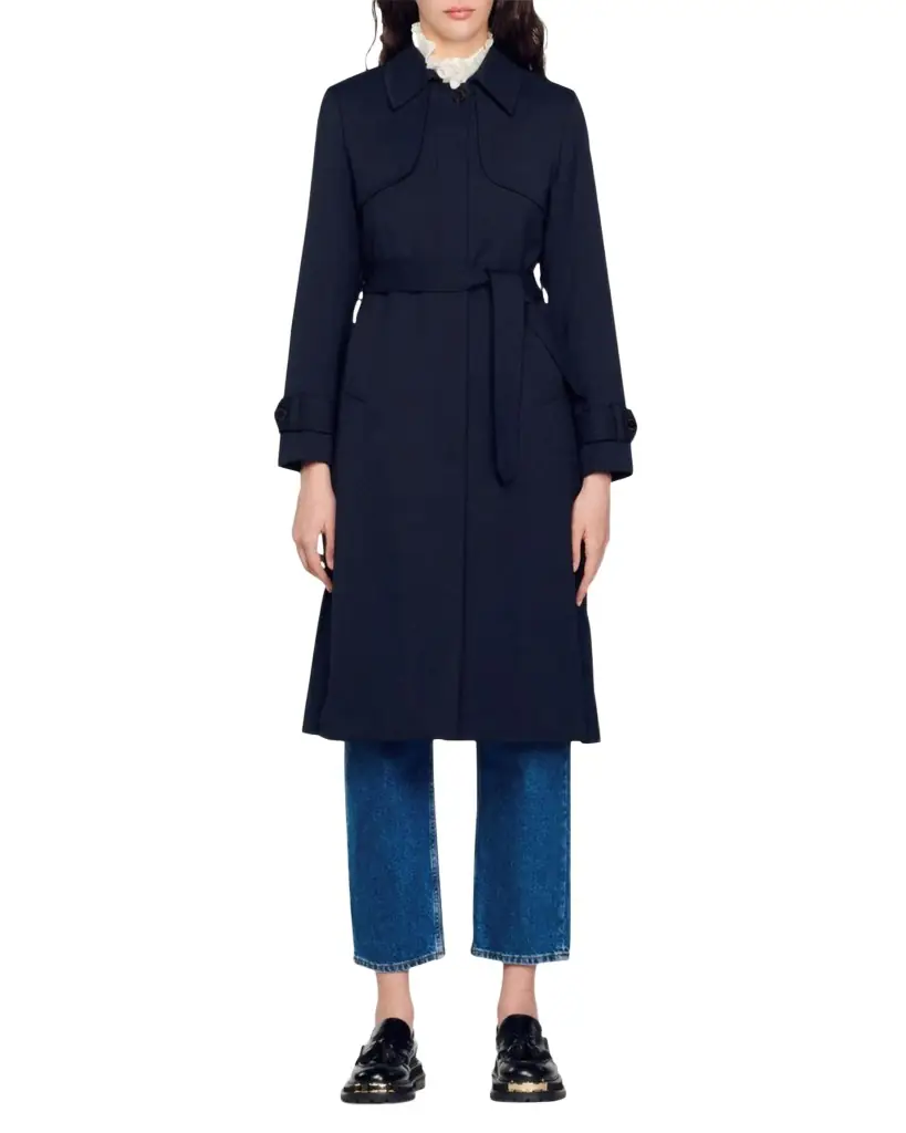 Sandro Navy Pleated-Back Belted Trench Coat | Image 1 Sandro Navy Pleated-Back Belted Trench Coat | Image 1