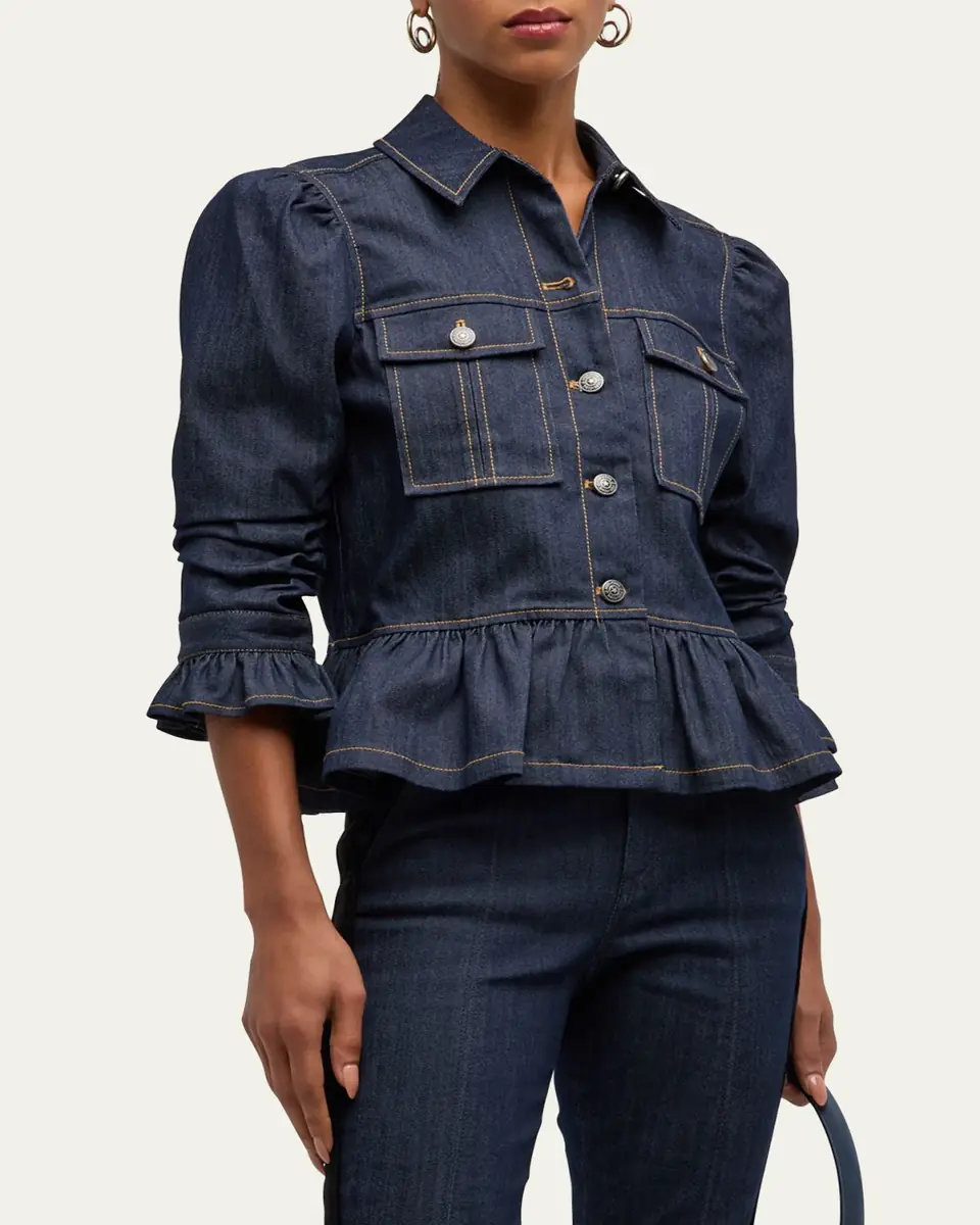Cinq à Sept Delanie Scrunched-Sleeve Peplum Denim Jacket | Thumbnail 4 Cinq à Sept Delanie Scrunched-Sleeve Peplum Denim Jacket | Thumbnail 4