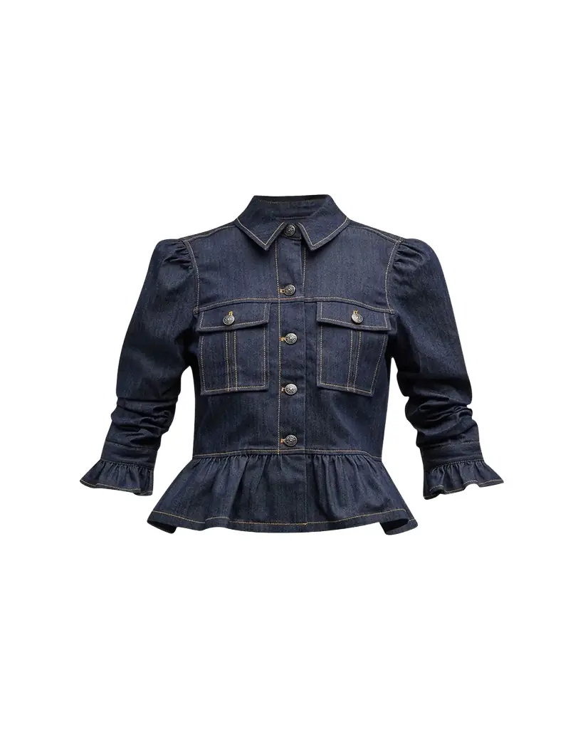 Cinq à Sept Delanie Scrunched-Sleeve Peplum Denim Jacket