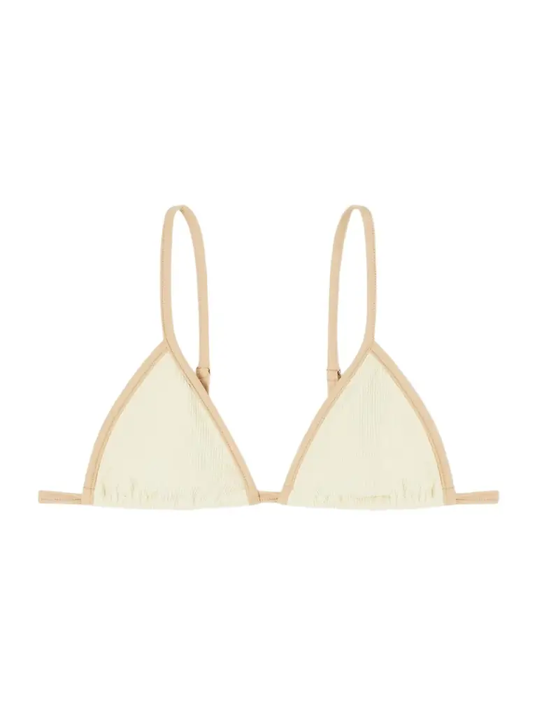 Johanna Ortiz Playa Del Río Shell-embellished Seersucker Triangle Bikini Top | Image 1 Johanna Ortiz Playa Del Río Shell-embellished Seersucker Triangle Bikini Top | Image 1