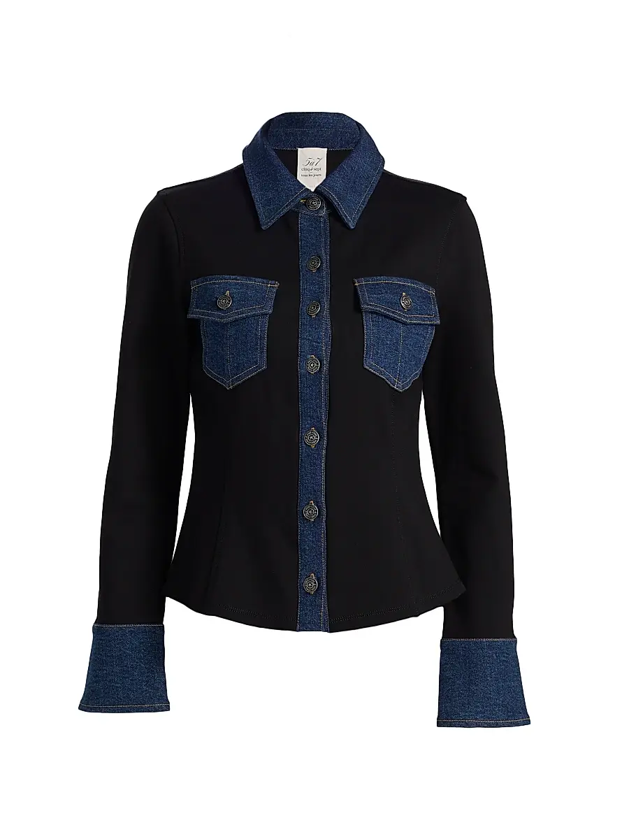 Cinq à Sept Women's Aliza Denim-Trimmed Button-Front Top - Black Fontaine | Image 1 Cinq à Sept Women's Aliza Denim-Trimmed Button-Front Top - Black Fontaine | Image 1