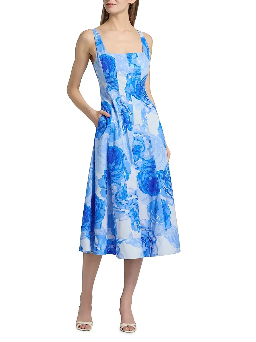 Milly Women's Nia Printed Stretch Cotton Poplin Midi-Dress | Thumbnail 2 Milly Women's Nia Printed Stretch Cotton Poplin Midi-Dress | Thumbnail 2