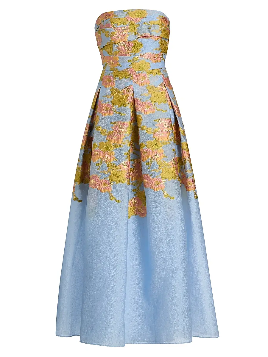 THEIA Women's Leia Jacquard Strapless Gown