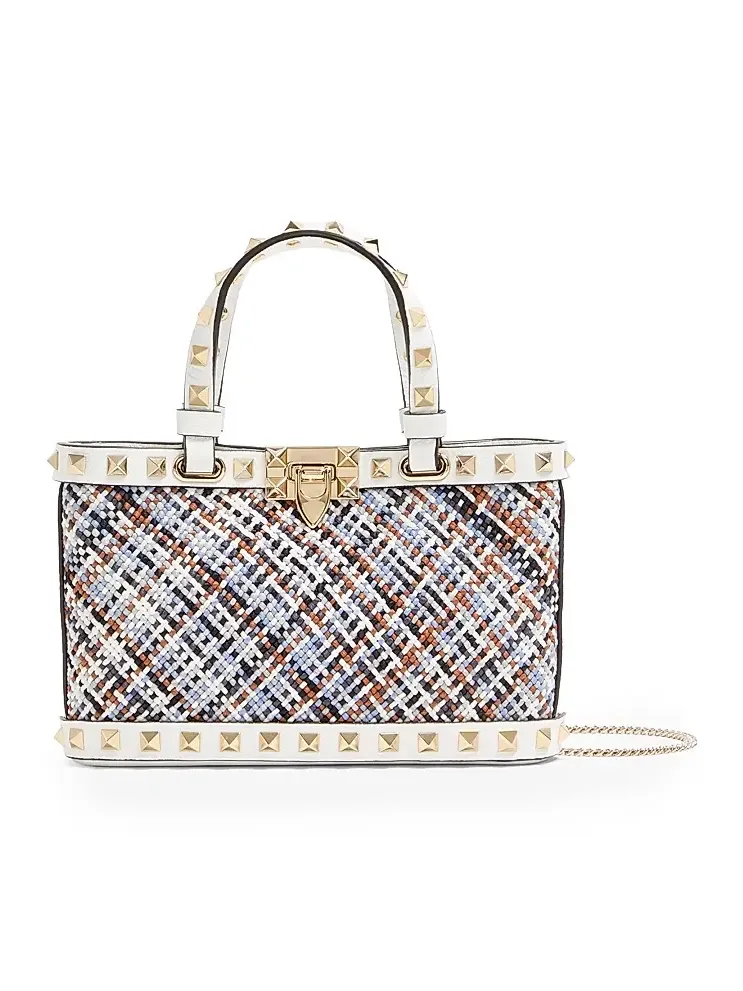 Valentino Women's Rockstud Mini Top Handle Shopping Bag in Woven Fabric - White Multicolor