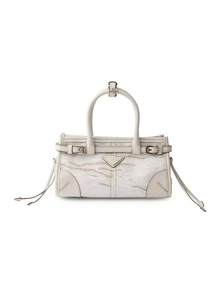 Women's Bonnie Small Printed Linen and Leather Top Handle Bag