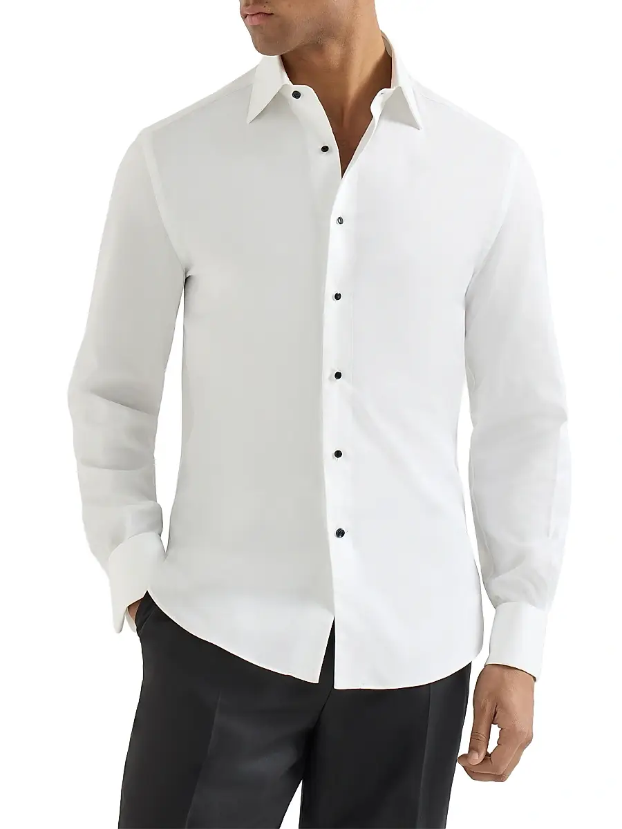 Brunello Cucinelli Men's Sea Island Cotton Twill Slim Fit Tuxedo Shirt with Spread Collar - White | Thumbnail 2 Brunello Cucinelli Men's Sea Island Cotton Twill Slim Fit Tuxedo Shirt with Spread Collar - White | Thumbnail 2