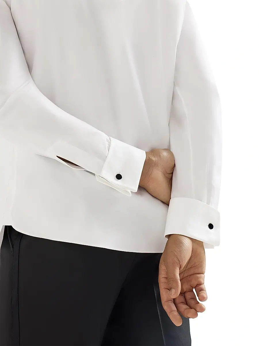 Brunello Cucinelli Men's Sea Island Cotton Twill Slim Fit Tuxedo Shirt with Spread Collar - White | Thumbnail 4 Brunello Cucinelli Men's Sea Island Cotton Twill Slim Fit Tuxedo Shirt with Spread Collar - White | Thumbnail 4