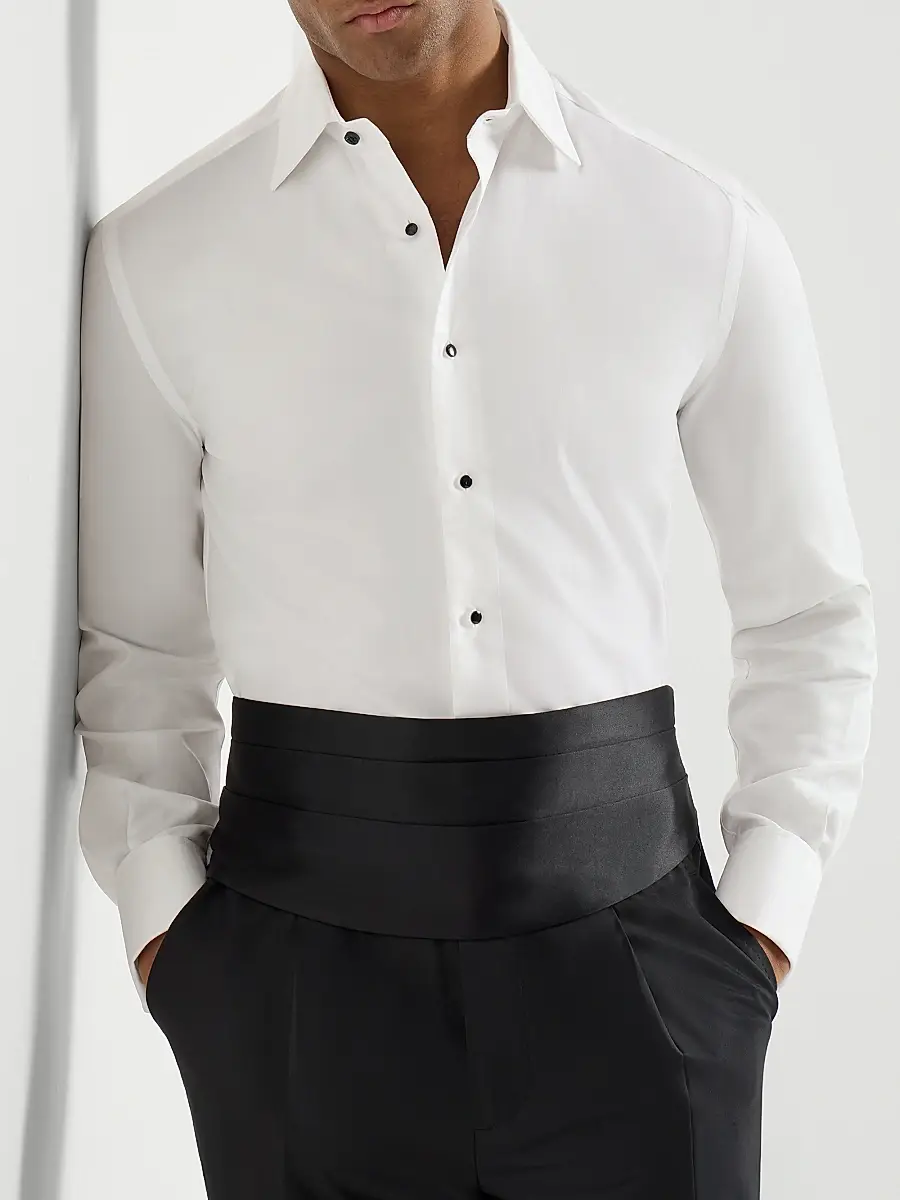 Brunello Cucinelli Men's Sea Island Cotton Twill Slim Fit Tuxedo Shirt with Spread Collar - White | Thumbnail 5 Brunello Cucinelli Men's Sea Island Cotton Twill Slim Fit Tuxedo Shirt with Spread Collar - White | Thumbnail 5