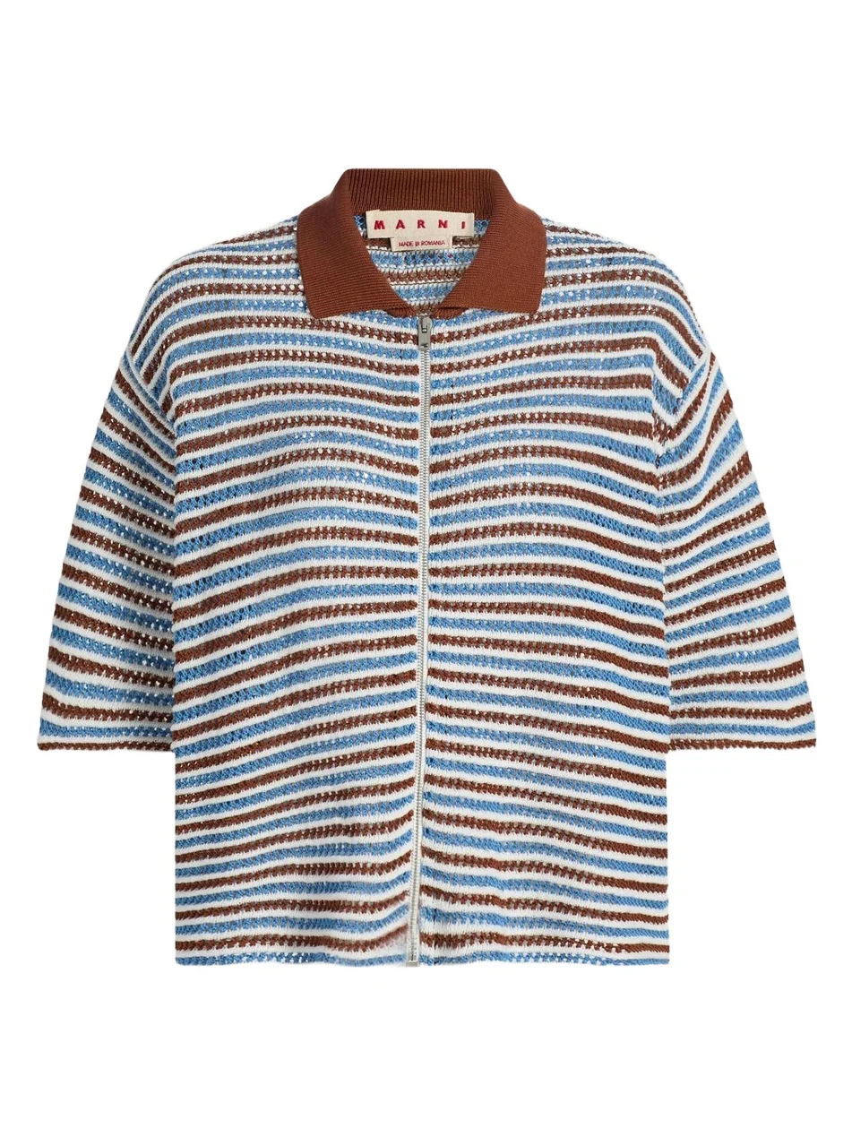 Women's Stripe Crochet Boxy Polo Cardigan Women's Stripe Crochet Boxy Polo Cardigan