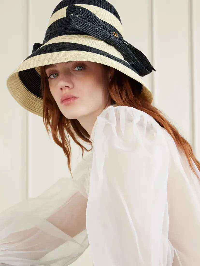 Valentino Garavani Vlogo Signature Bow-embellished Striped Straw Sunhat | Thumbnail 2