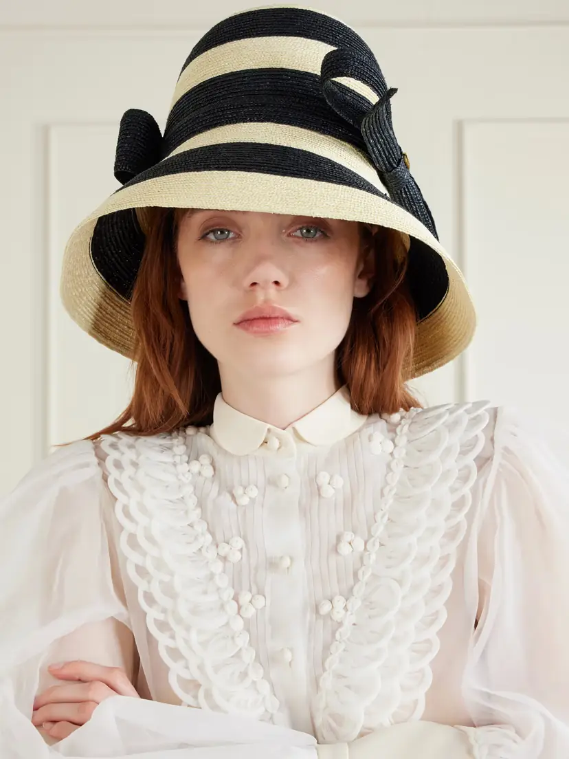 Valentino Garavani Vlogo Signature Bow-embellished Striped Straw Sunhat | Thumbnail 4